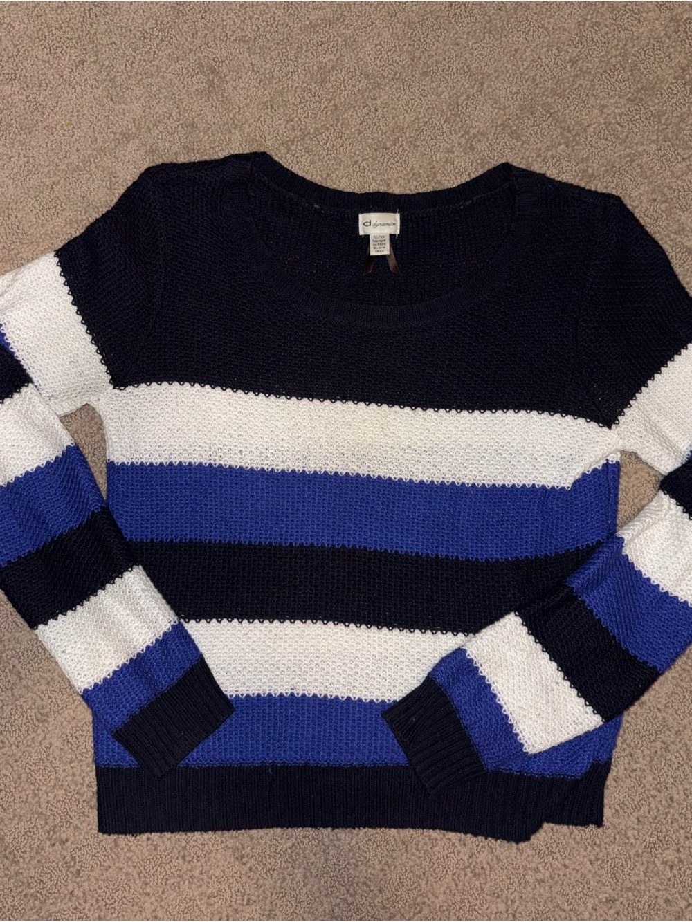 Dynamite Striped Crewneck Nitted-Style Sweater, Navy, White &Blue Women’s SizeXS